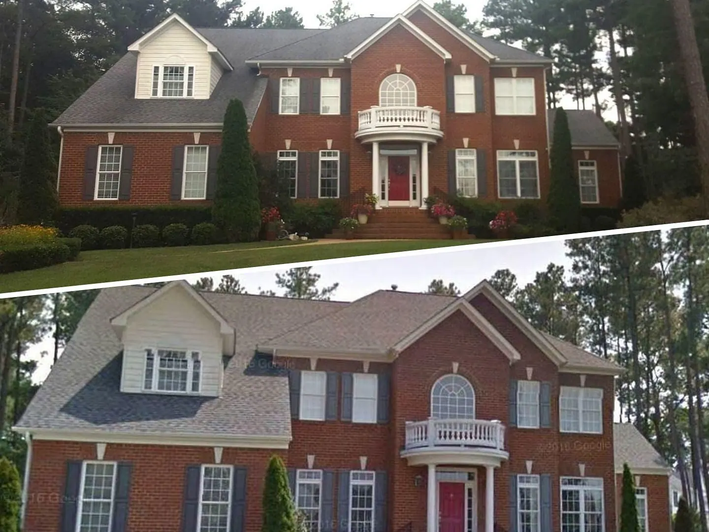 Before and after of a roof replacement on a brick home